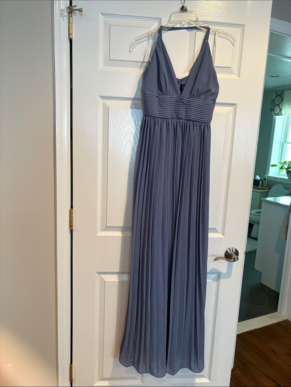 Lulu's Dusty Blue Pleated V-Neck Maxi Dress